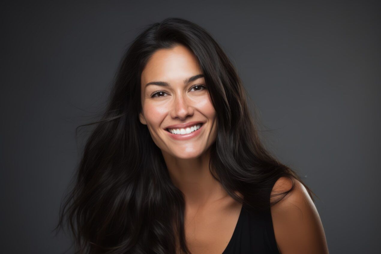 Smiling woman with long, dark hair.